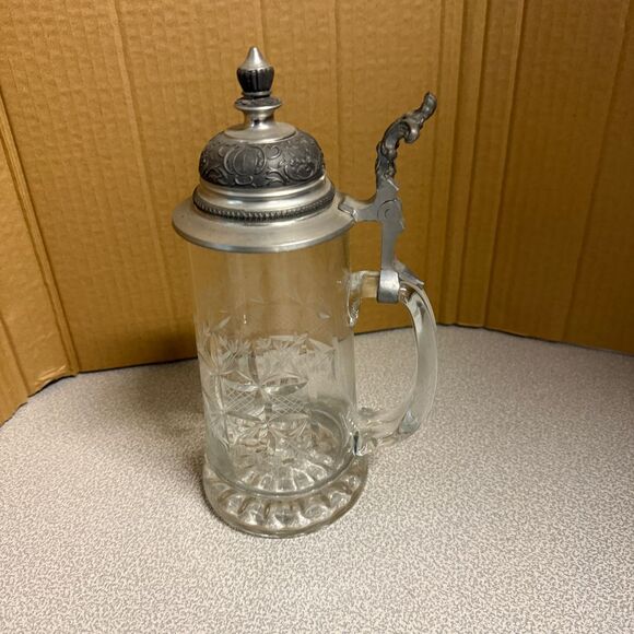 Other - Vintage Glass Beer Stein with Ornate Pewter Lid Crystal Cut Design